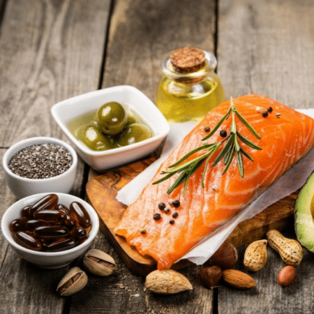 Oomega-3 blogipostitus - Nahrin Salmon fillet on parchment with rosemary sprigs, olives, oil bottle, and assorted nuts on a wooden board.
